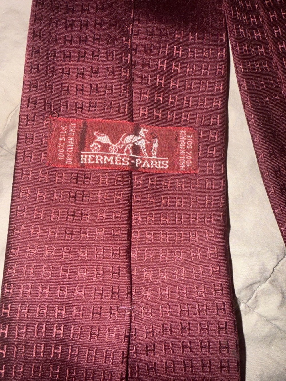 Hermes Burgundy Silk Tie with Micro H Pattern